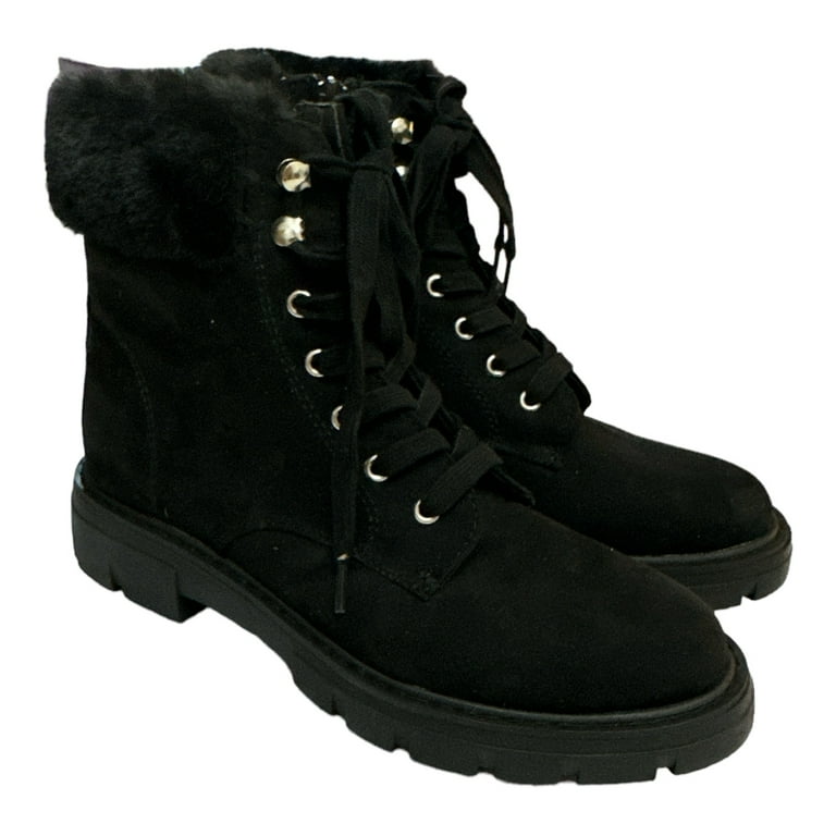 【Madden Girl】ファイスト Madden Girl Women's Faux Fur Top Side Zip & Lace Up Combat