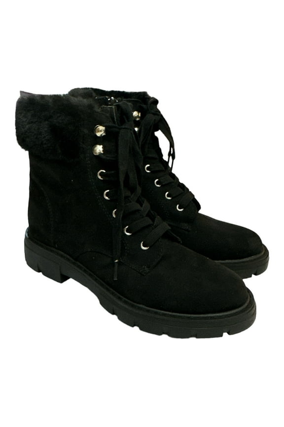 Women's Faux Fur Top Side Zip & Lace Up Combat Boots (Black, 9)