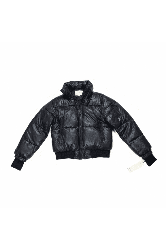 Women's Shiny Black Puffer Jacket Removable Hood Size Small Coat