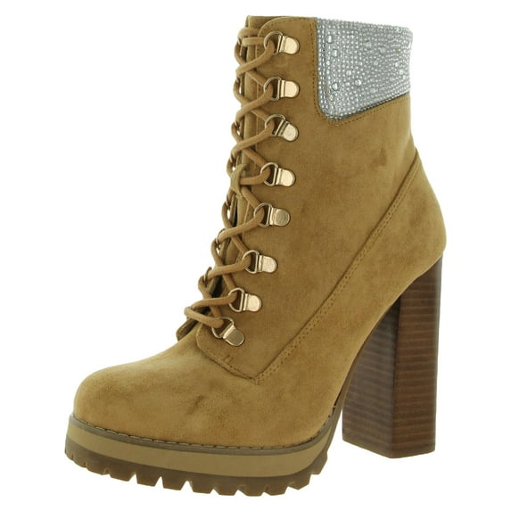 Madden Girl Womens Train-R Faux Suede Rhinestone Combat & Lace-up Boots
