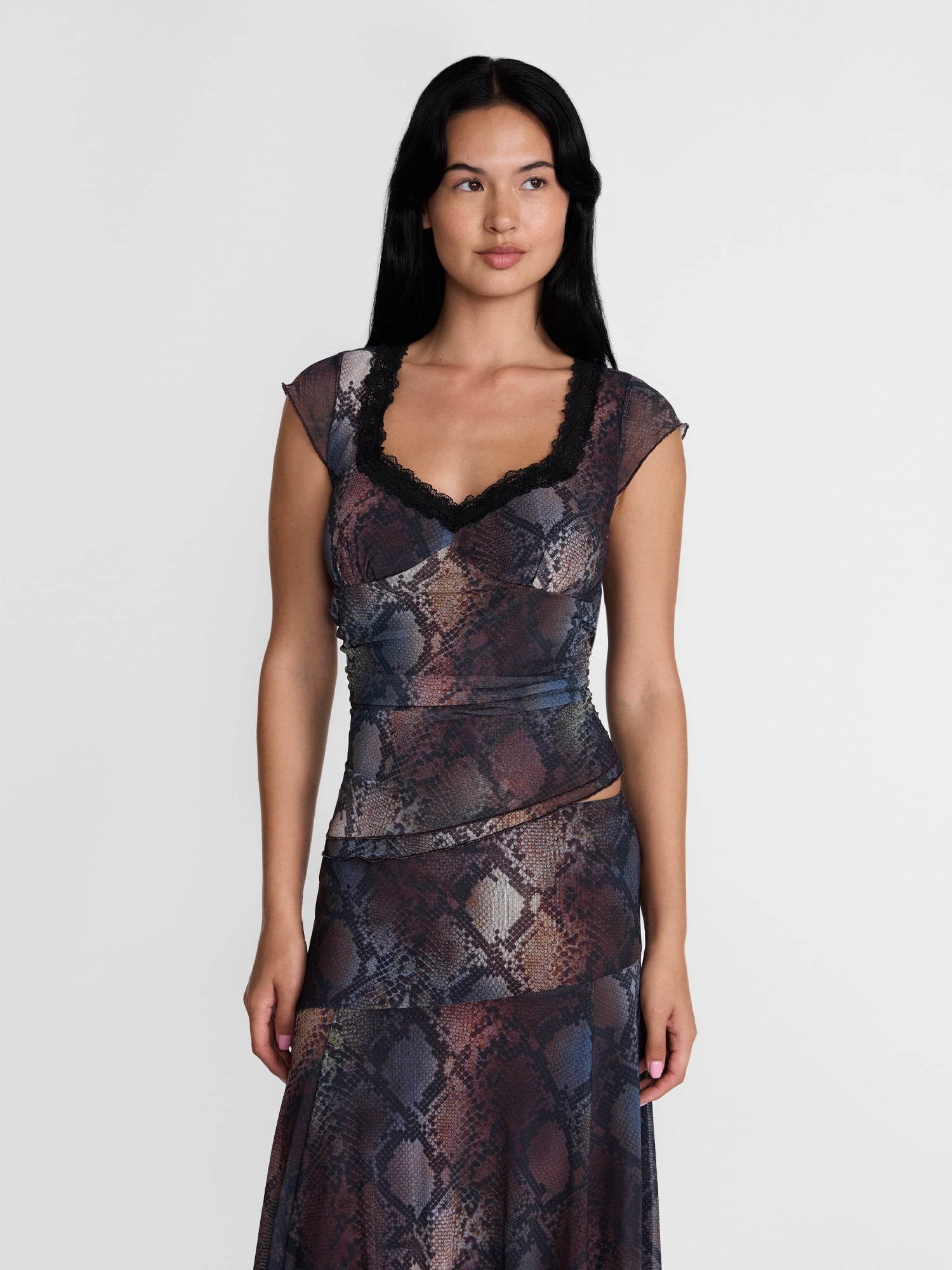 Madden NYC Women’s Asymmetrical Lace Top with Cap Sleeves, Sizes XXS-XXL