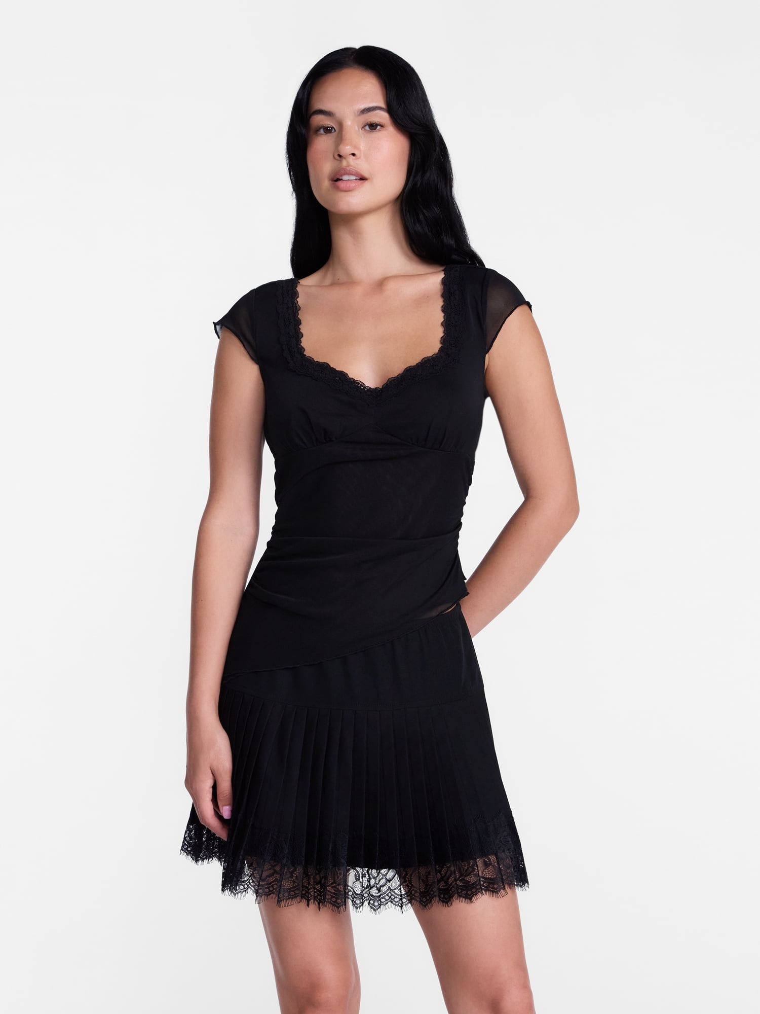 Madden NYC Women’s Asymmetrical Lace Top with Cap Sleeves, Sizes XXS-XXL