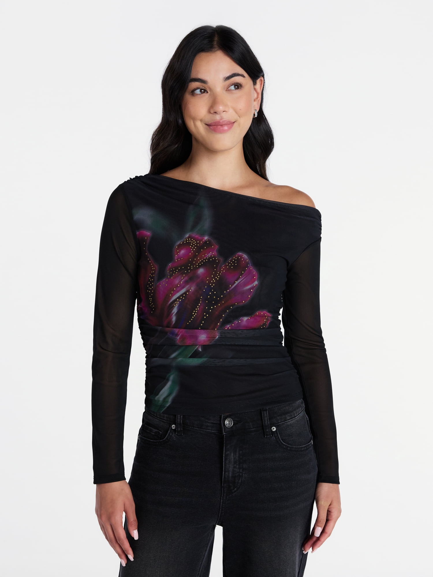 Madden NYC Women’s Asymmetrical Mesh Top with Long Sleeves, Sizes XXS-XXL