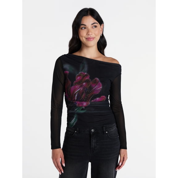 Madden NYC Women’s Asymmetrical Mesh Top with Long Sleeves, Sizes XXS-XXL