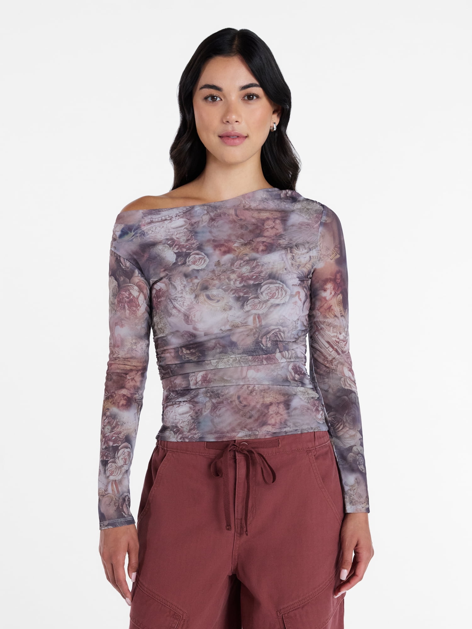 Madden NYC Women’s Asymmetrical Mesh Top with Long Sleeves, Sizes XXS-XXL