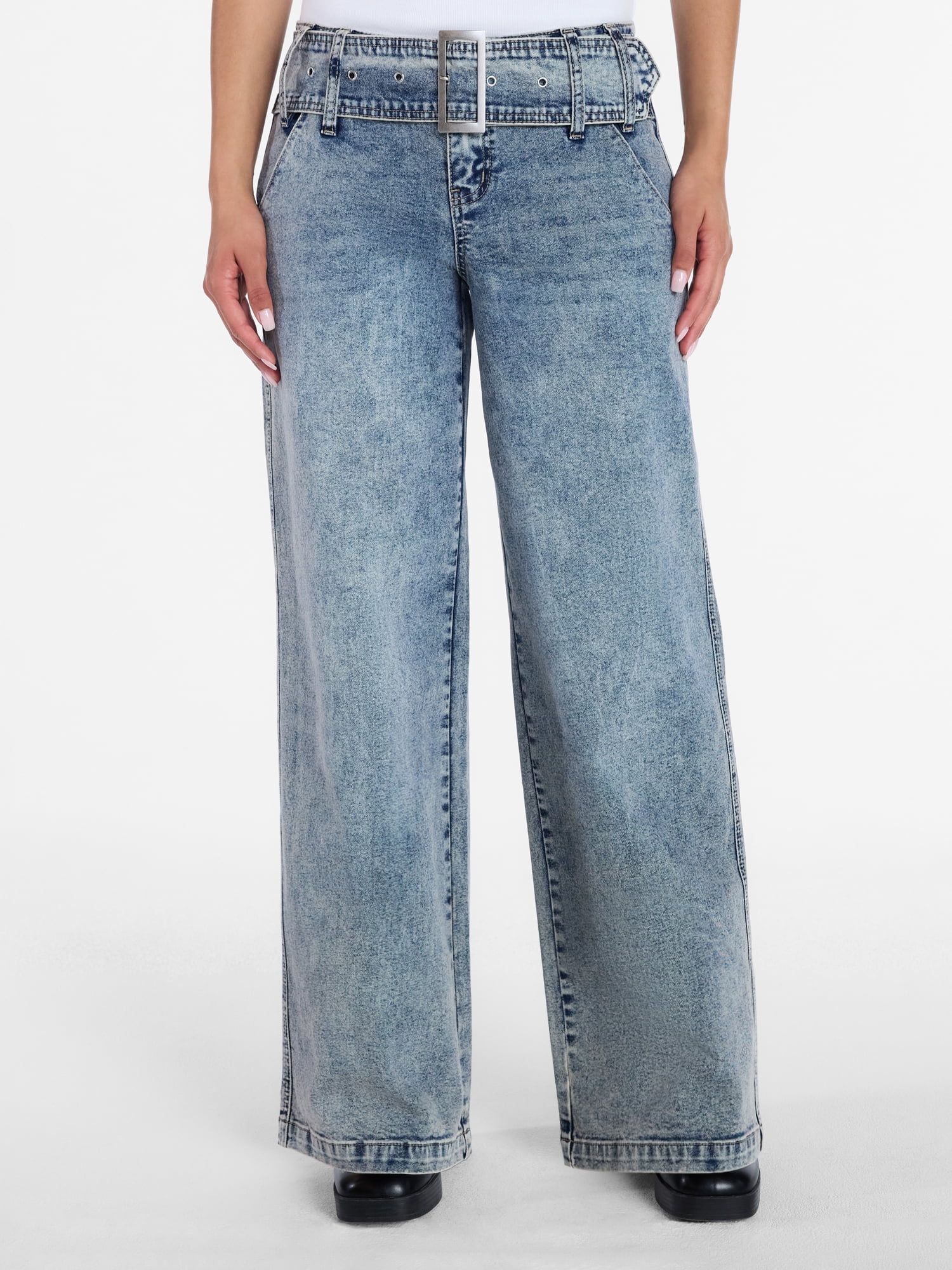 Madden NYC Wide Leg Jeans with Grommet Belt, 31.5” Inseam, Sizes 00-18