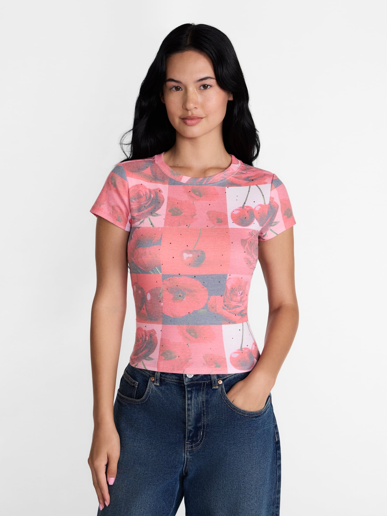 Madden NYC Women's Studded Graphic Tee with Short Sleeves, Sizes XXS-XXL
