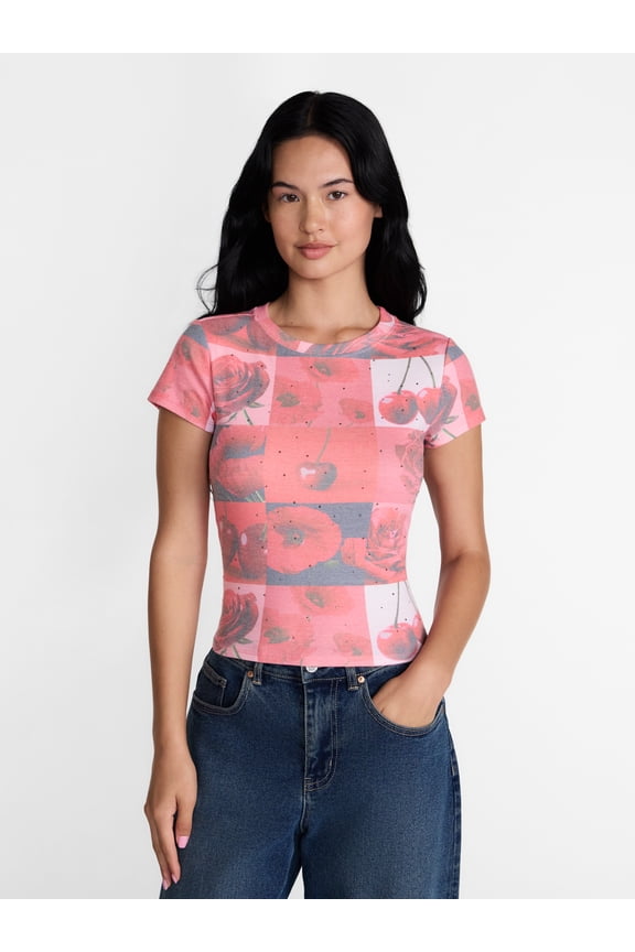 Women's Studded Graphic Tee with Short Sleeves, Sizes XXS-XXL