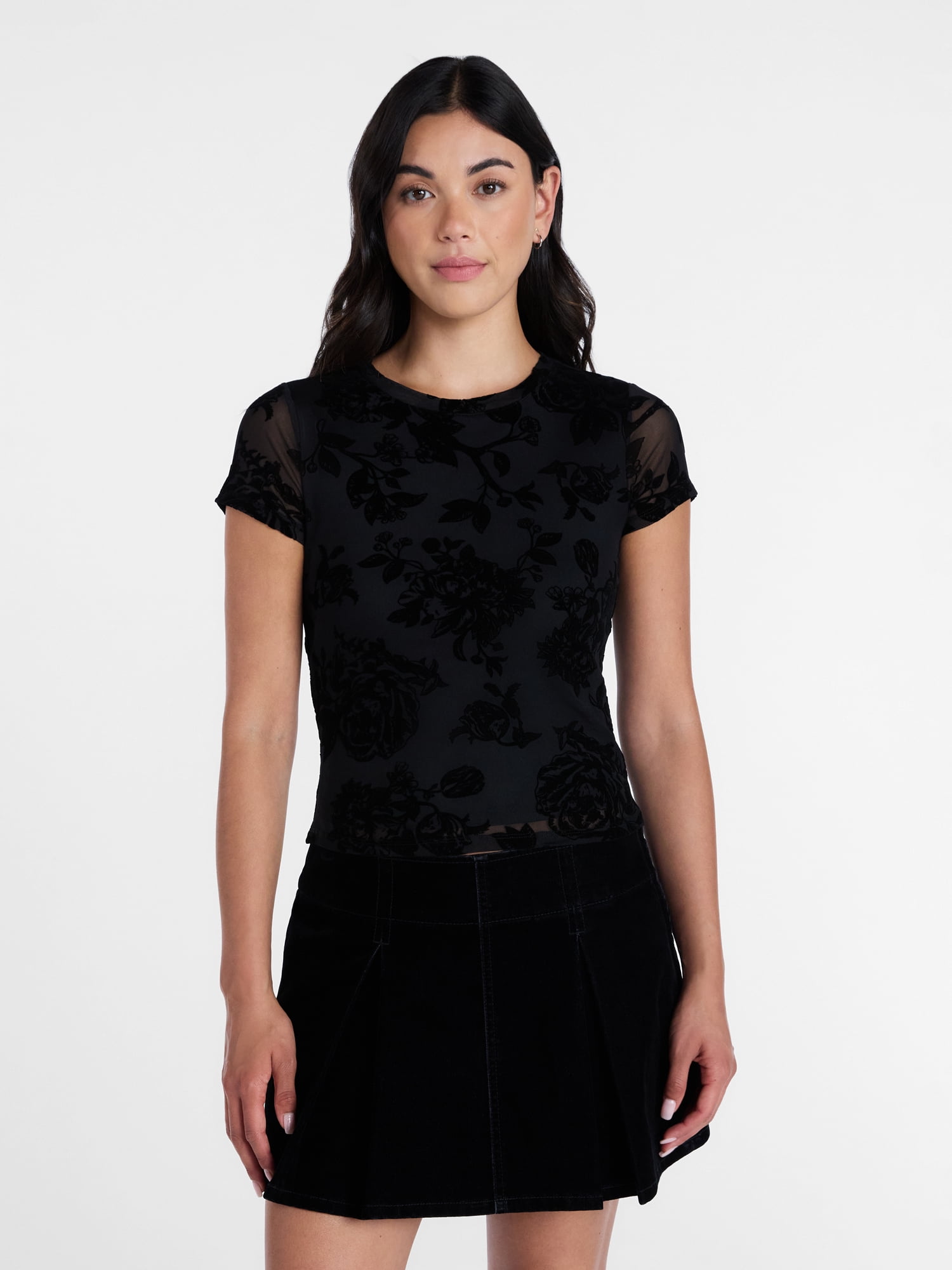 Madden NYC Women’s Flocked Floral Mesh Crewneck Tee with Short Sleeves, Sizes XXS-XXL