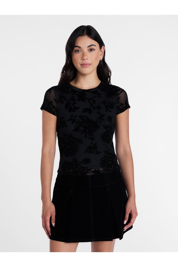 Women’s Flocked Floral Mesh Crewneck Tee with Short Sleeves, Sizes XXS-XXL