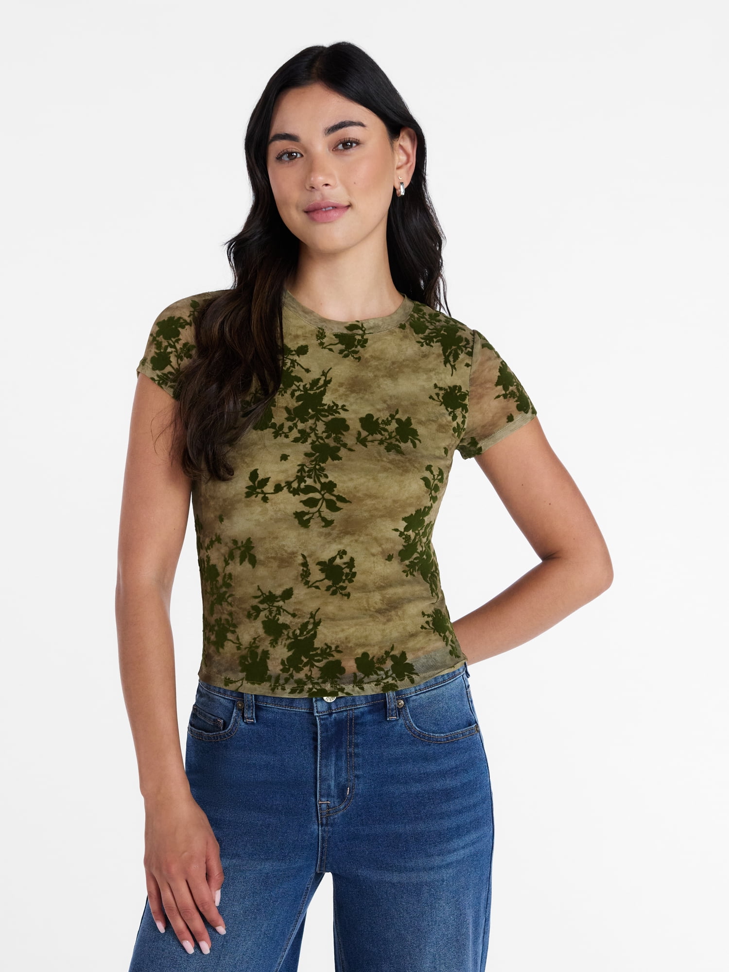 Madden NYC Women’s Flocked Floral Mesh Crewneck Tee with Short Sleeves, Sizes XXS-XXL