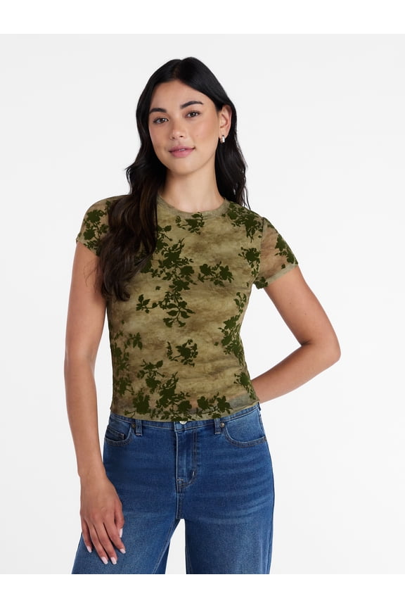 Women’s Flocked Floral Mesh Crewneck Tee with Short Sleeves, Sizes XXS-XXL