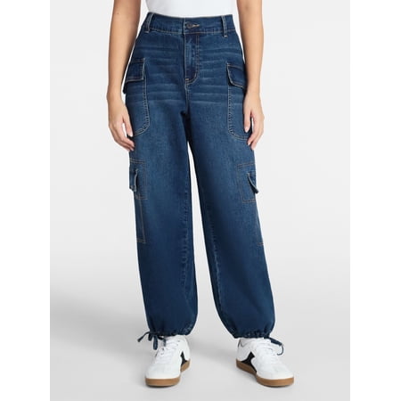 Madden NYC Women's Denim Cargo Joggers, 28" Inseam, Sizes XXS-XXL