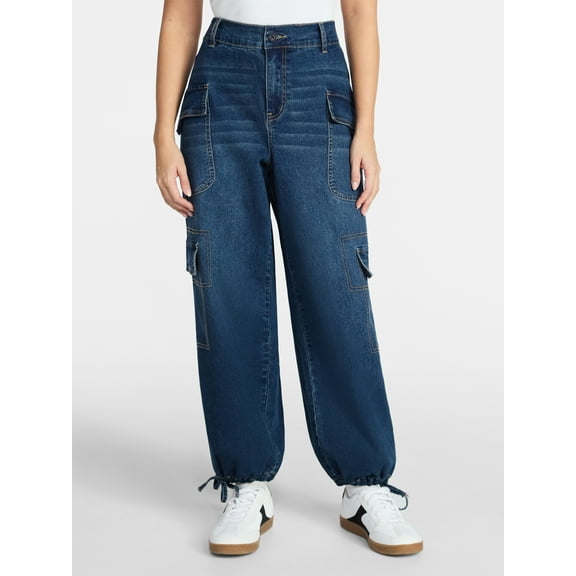 Madden NYC Women's Denim Cargo Joggers, 28" Inseam, Sizes XXS-XXL