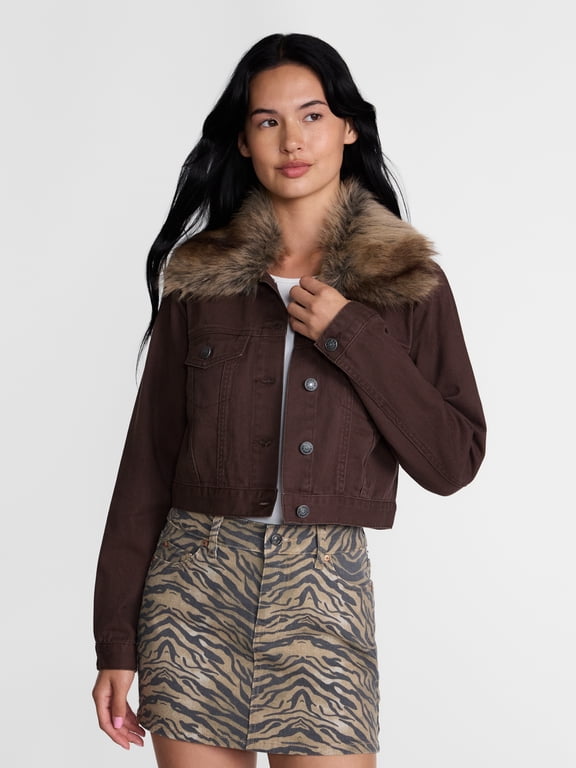 Women's Cropped Denim Jacket with Faux Fur Collar, Sizes XXS-XXL