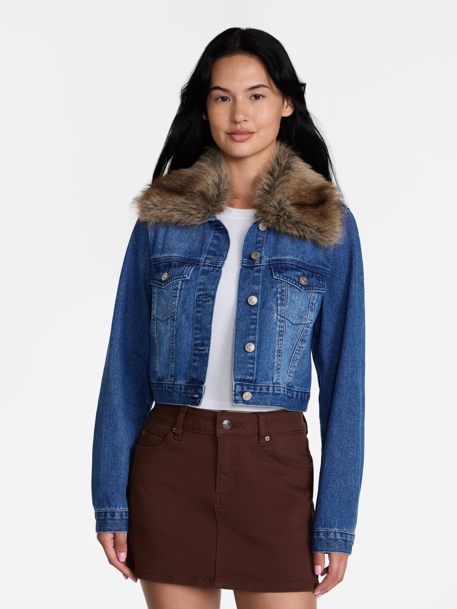 Madden NYC Women's Cropped Denim Jacket with Faux Fur Collar, Sizes XXS-XXL