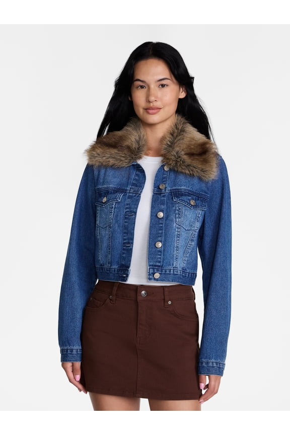 Women's Cropped Denim Jacket with Faux Fur Collar, Sizes XXS-XXL