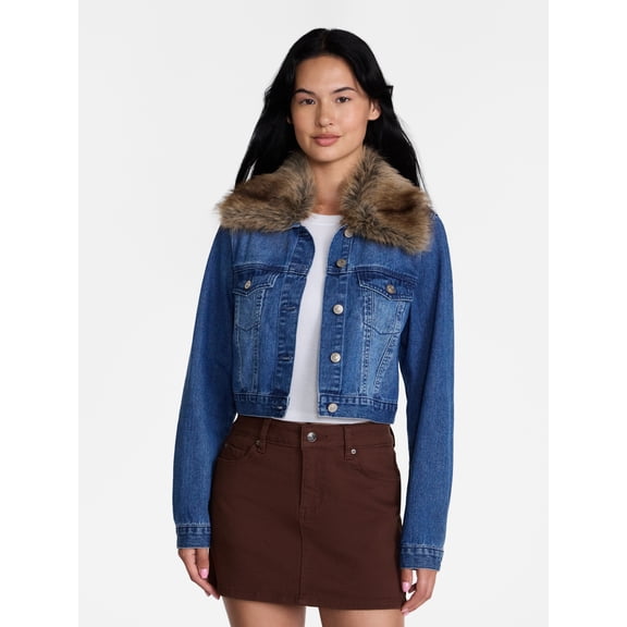 Madden NYC Women's Cropped Denim Jacket with Faux Fur Collar, Sizes XXS-XXL