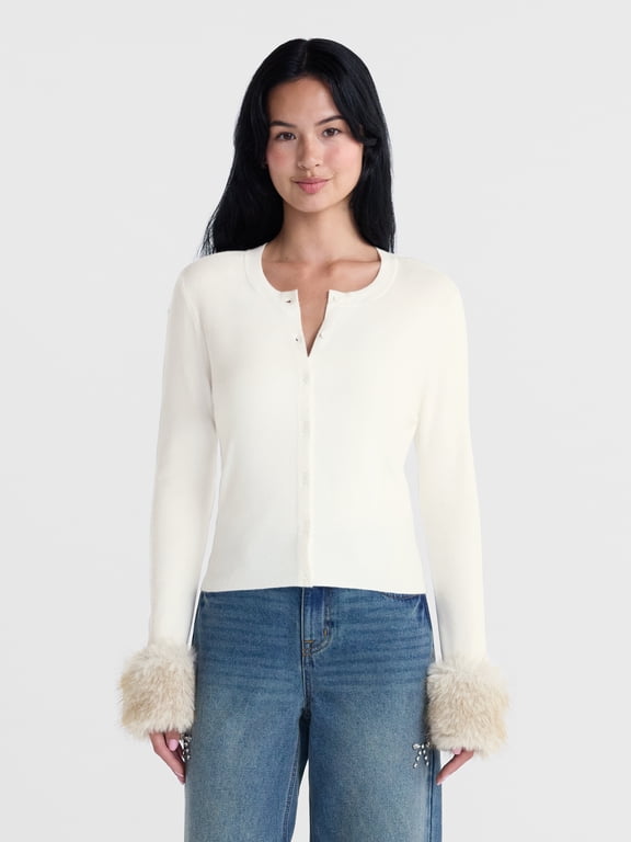 Women's Cardigan with Faux Fur Cuffs, Lightweight, Sizes XXS-XXL