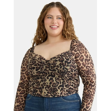 Madden NYC Women’s Plus Gathered Printed Bustier with Mesh Long Sleeves, Sizes 1X-4X
