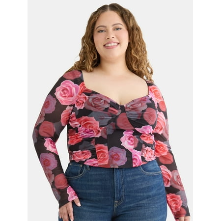 Madden NYC Women’s Plus Gathered Printed Bustier with Mesh Long Sleeves, Sizes 1X-4X