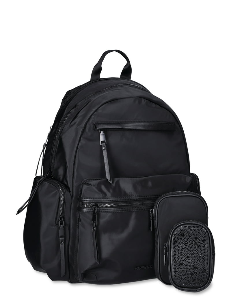 Madden NYC Girls Backpack with Pouch, Black Nylon
