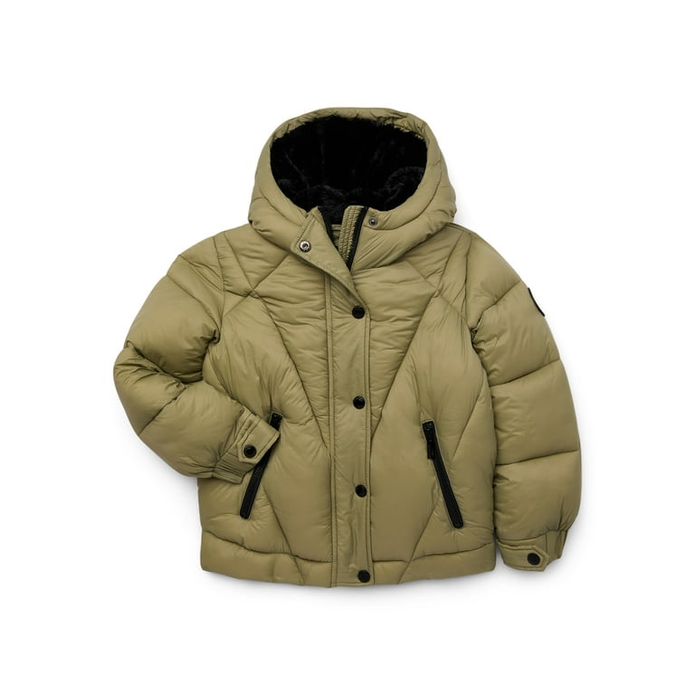 GREEN PUFFER COAT WITH HIGH COLLAR AND HOOD, CHILD GREEN PUFFER COAT WITH HIGH COLLAR AND HOOD, CHILD