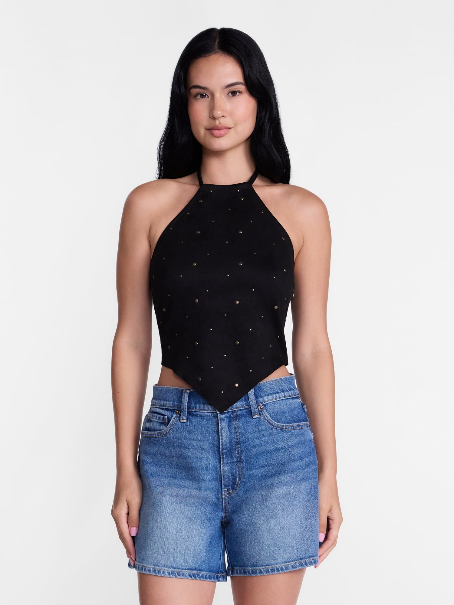 Women’s Faux Suede Hanky Hem Halter Top, Sizes XXS-XXL