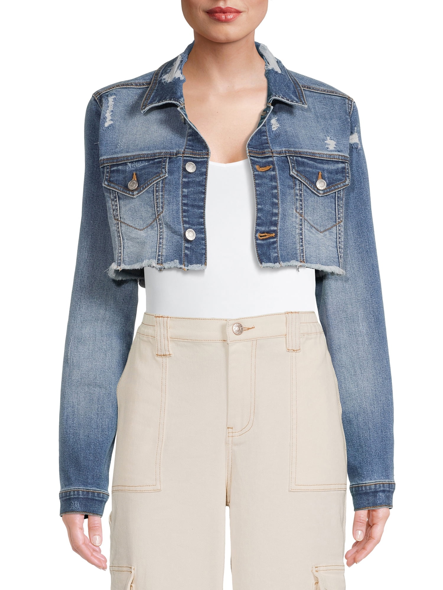Madden NYC Junior's Cropped Denim Jacket with Frayed Hem