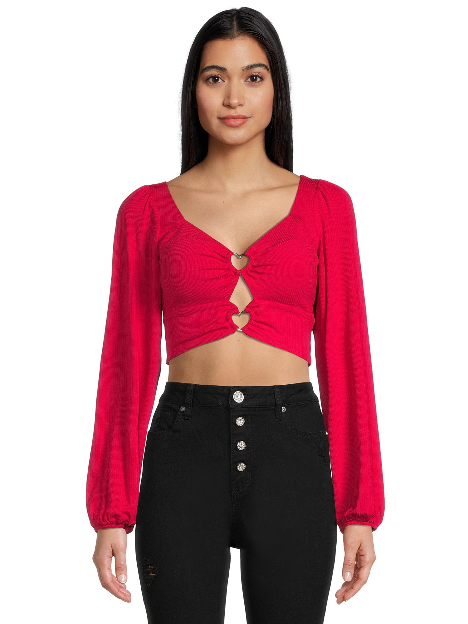 Madden NYC Juniors' Double Heart Ring Top with Long Sleeves 