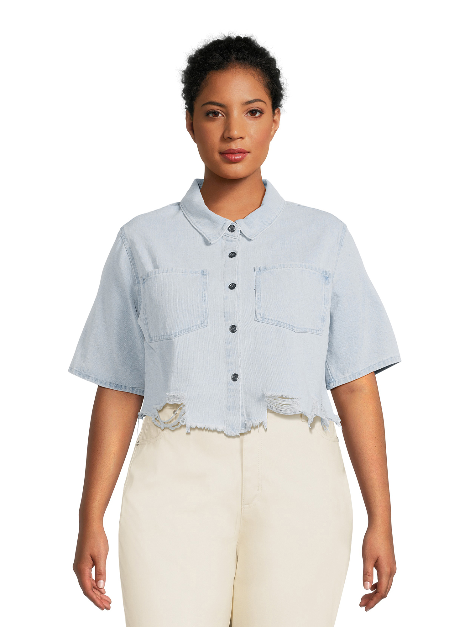 Madden NYC Juniors Plus Size Cropped Denim Shirt with Destructed Hem