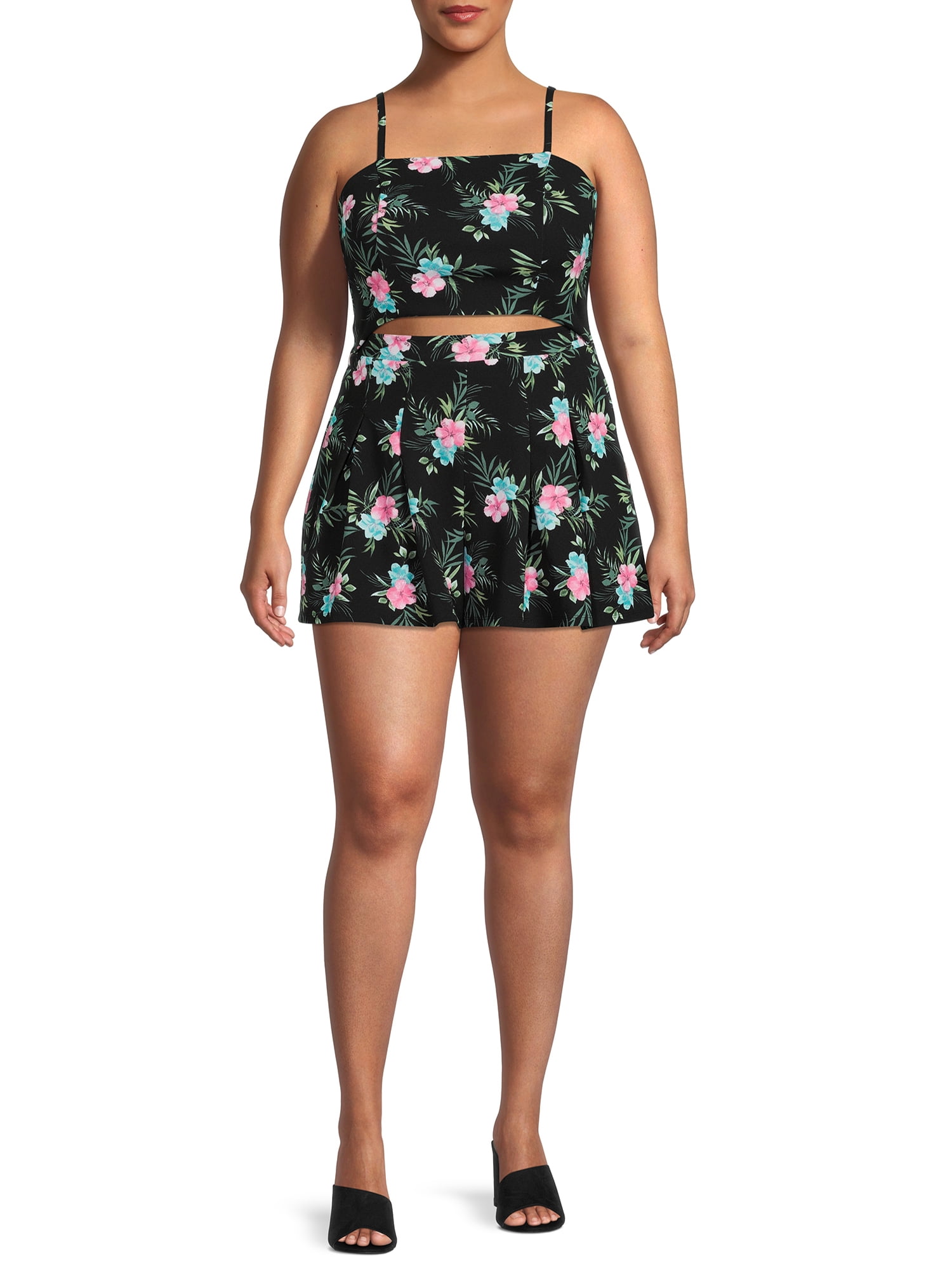 Madden NYC Juniors' Plus Size Printed Cutout Romper