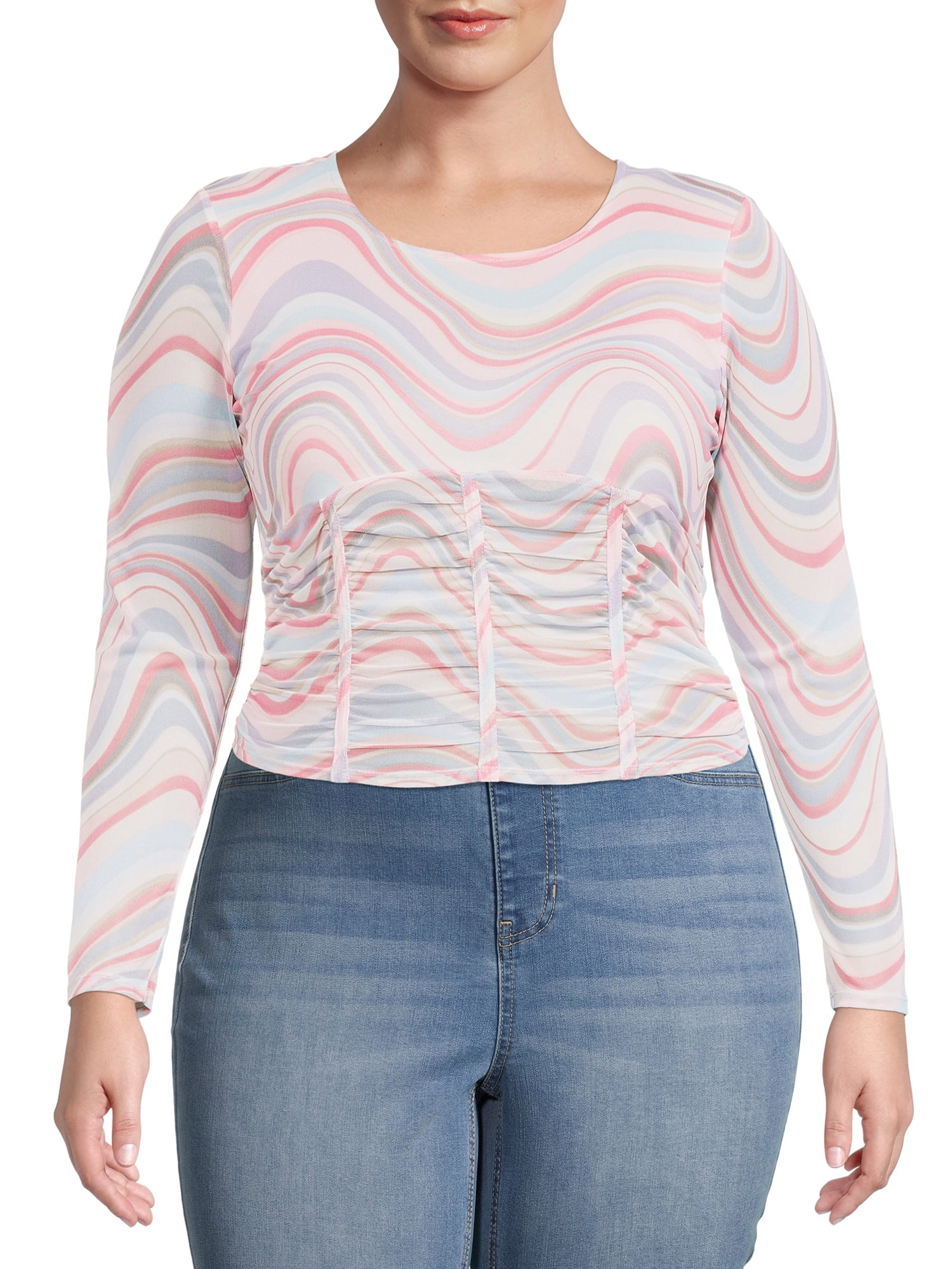 Madden NYC Juniors' Plus Size Sheer Corset Ruched Top 