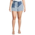 thumbnail image 1 of Madden NYC Juniors' Plus Size Two Tone Denim Block Mom Shorts, 1 of 5
