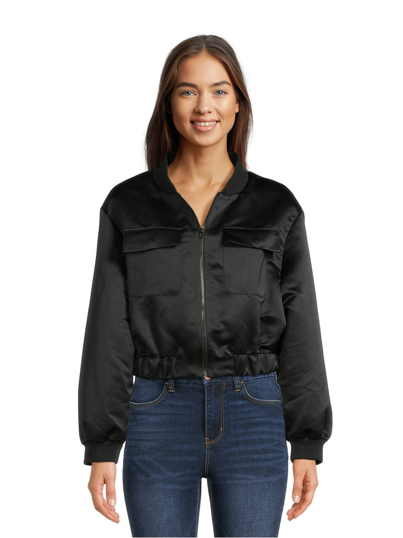 Madden NYC Satin Bomber Jacket Cropped Outerwear