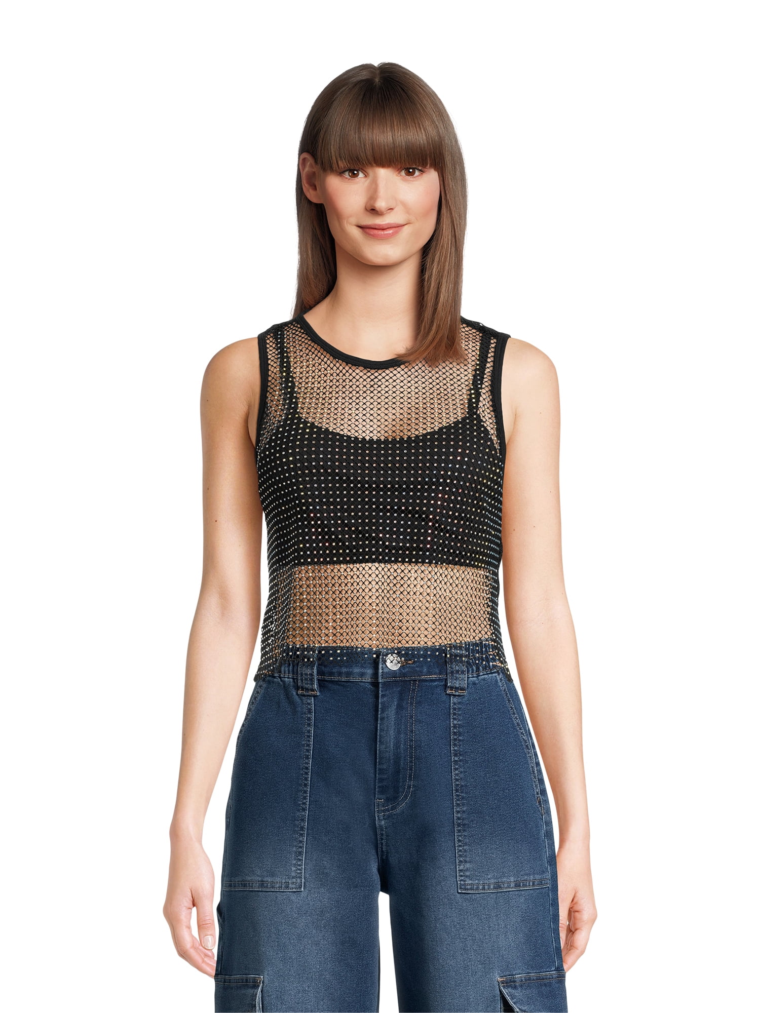 Madden NYC Rhinestone Mesh Tank Top - XS-4X - Walmart.com