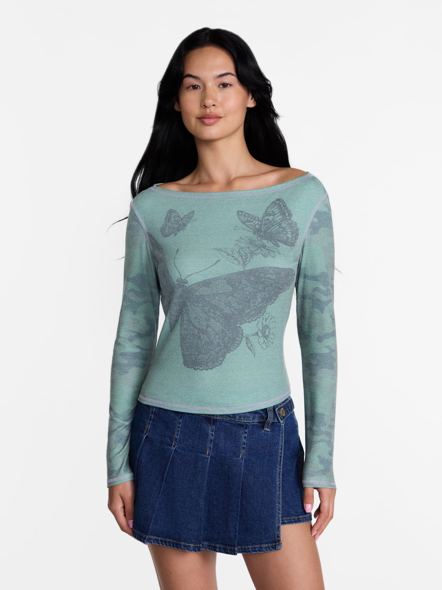 Madden NYC Women's Boatneck Graphic Top with Long Sleeves, Sizes XXS-XXL