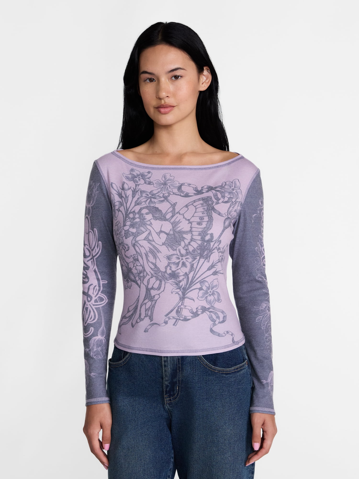 Madden NYC Women's Boatneck Graphic Top with Long Sleeves, Sizes XXS-XXL