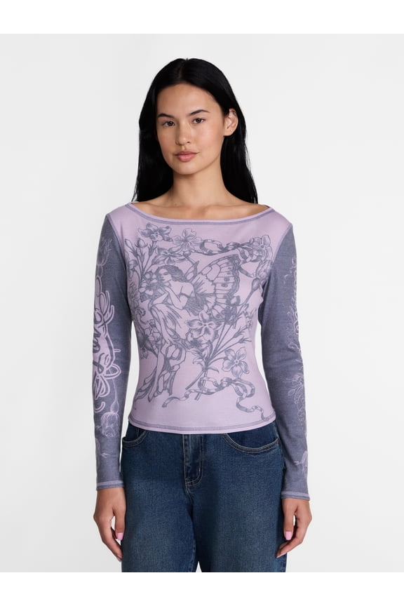 Women's Boatneck Graphic Top with Long Sleeves, Sizes XXS-XXL