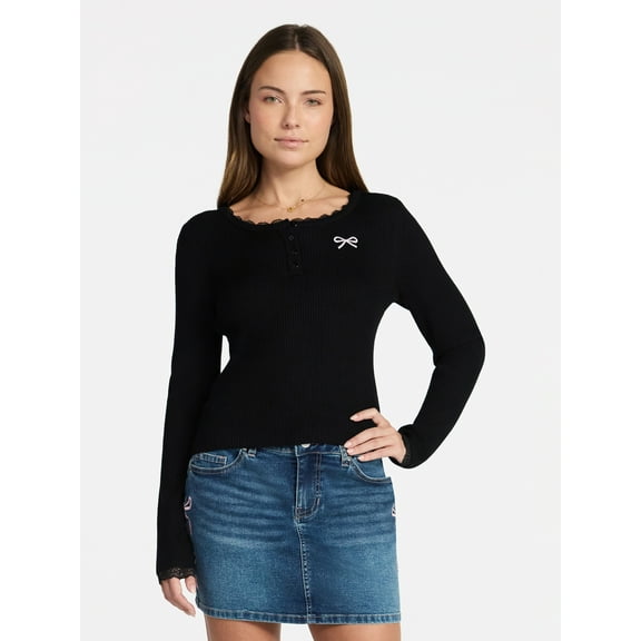 Madden NYC Women's Lace Trim Long Sleeve Henley Top, Sizes XXS-XXL