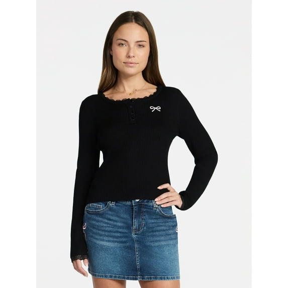 Madden NYC Women's Lace Trim Long Sleeve Henley Top, Sizes XXS-XXL