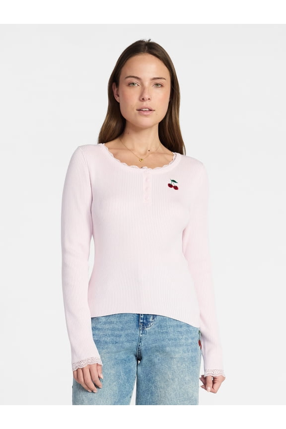 Women's Lace Trim Long Sleeve Henley Top, Sizes XXS-XXL