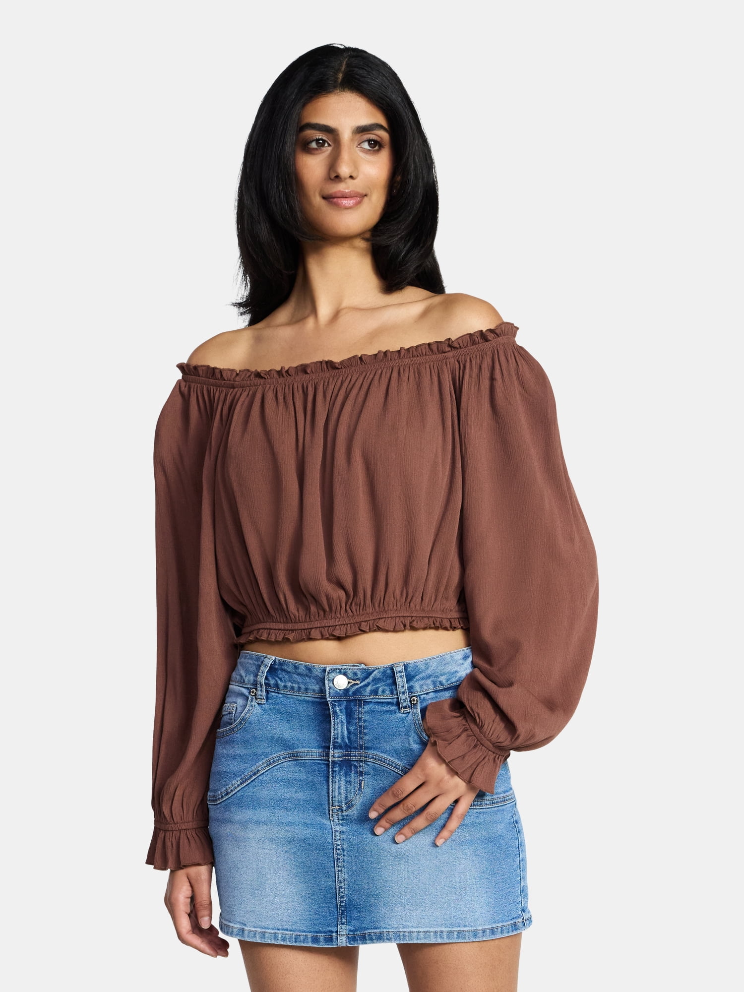 Madden NYC Women's Peasant Top with Long Sleeves, Sizes XXS-XXL