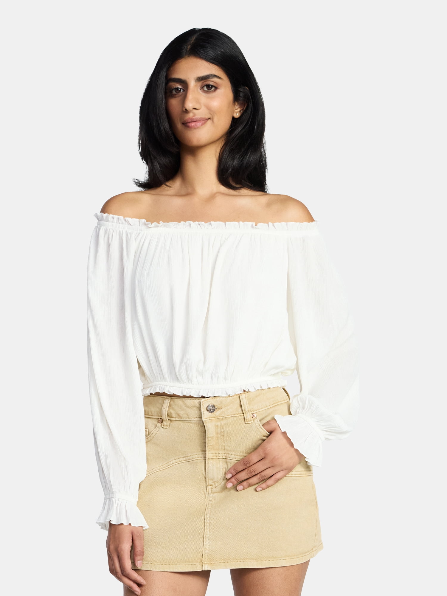 Madden NYC Women's Peasant Top with Long Sleeves, Sizes XXS-XXL