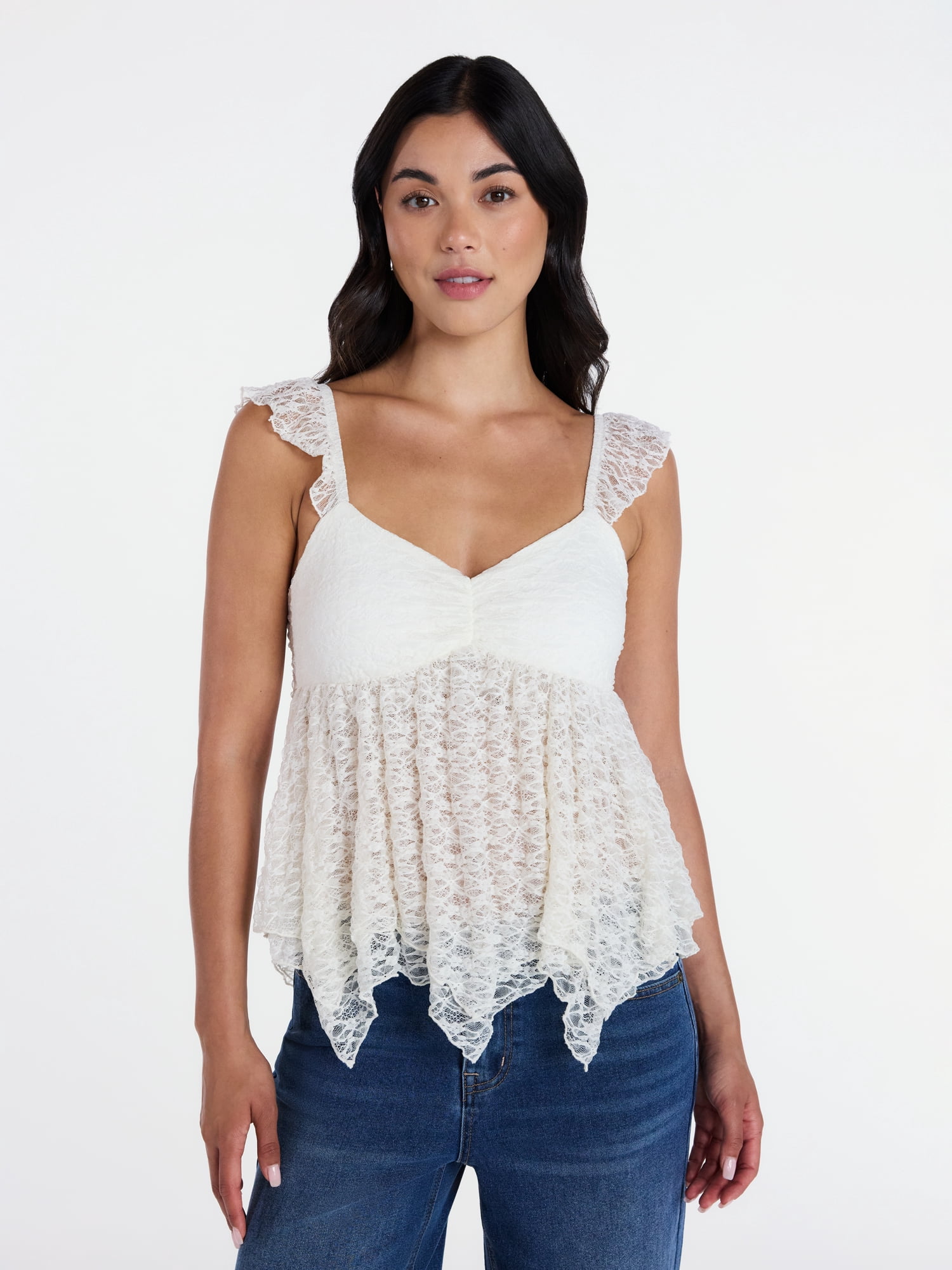 Madden NYC Floral Lace Babydoll Top with Flutter Sleeves, Sizes XXS-XXL