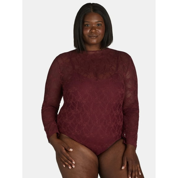 Madden NYC Women's and Women's Plus Lace Bodysuit with Long Sleeves, Sizes XS-4X