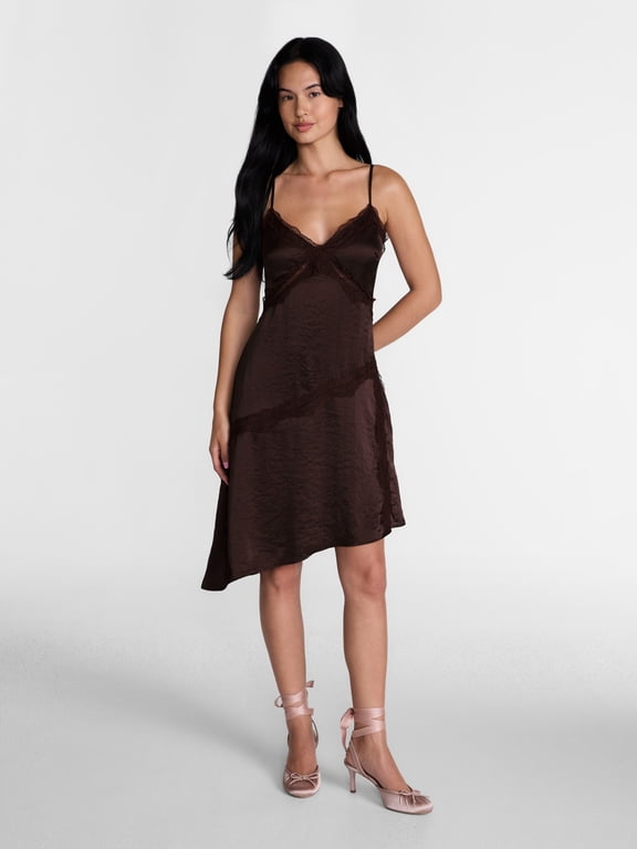 Women’s Lace Trim Satin Slip Dress with Asymmetrical Hem, Sizes XXS-XXL