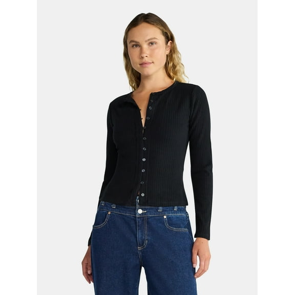 Madden NYC Women's Button Up Ribbed Top with Long Sleeves, Sizes XXS-XXL
