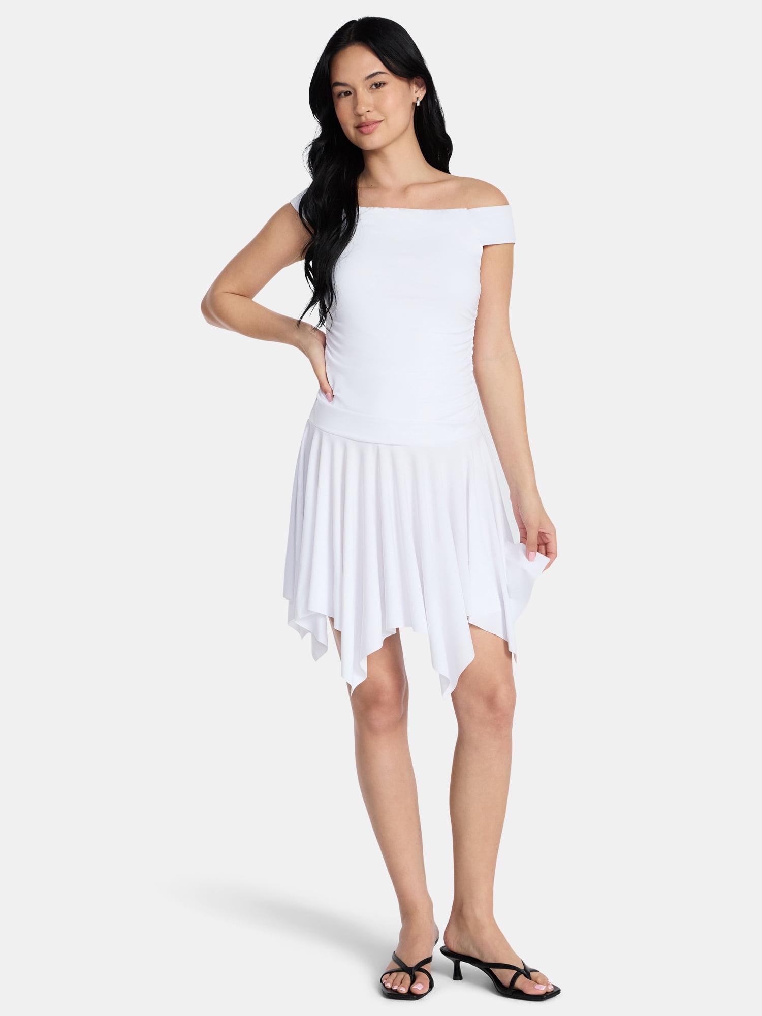 Madden NYC Women’s Off-the-Shoulder Mini Dress with Sharkbite Hem, Sizes XXS-XXL