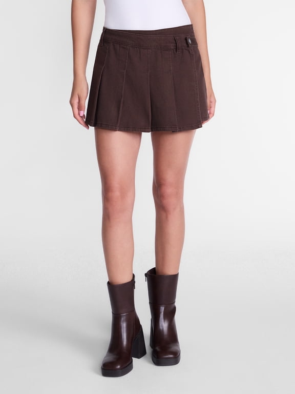 Women’s Belted Pleated Denim Mini Skort, Sizes XXS-XXL
